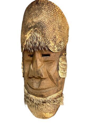 Old Mexican Folk Art Dance Mask Carved Wood Porcupine Quills Armadillo Large