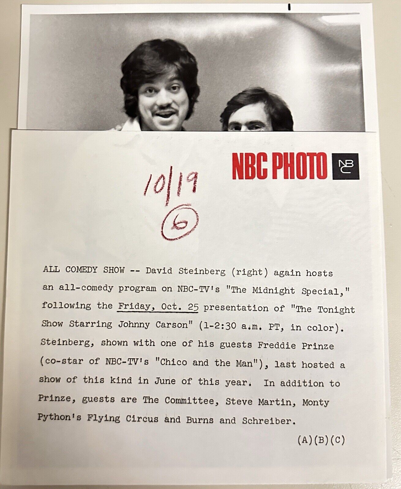 1974 Freddie Prince & David Steinberg Press Release Photo The Midnight Show NBC