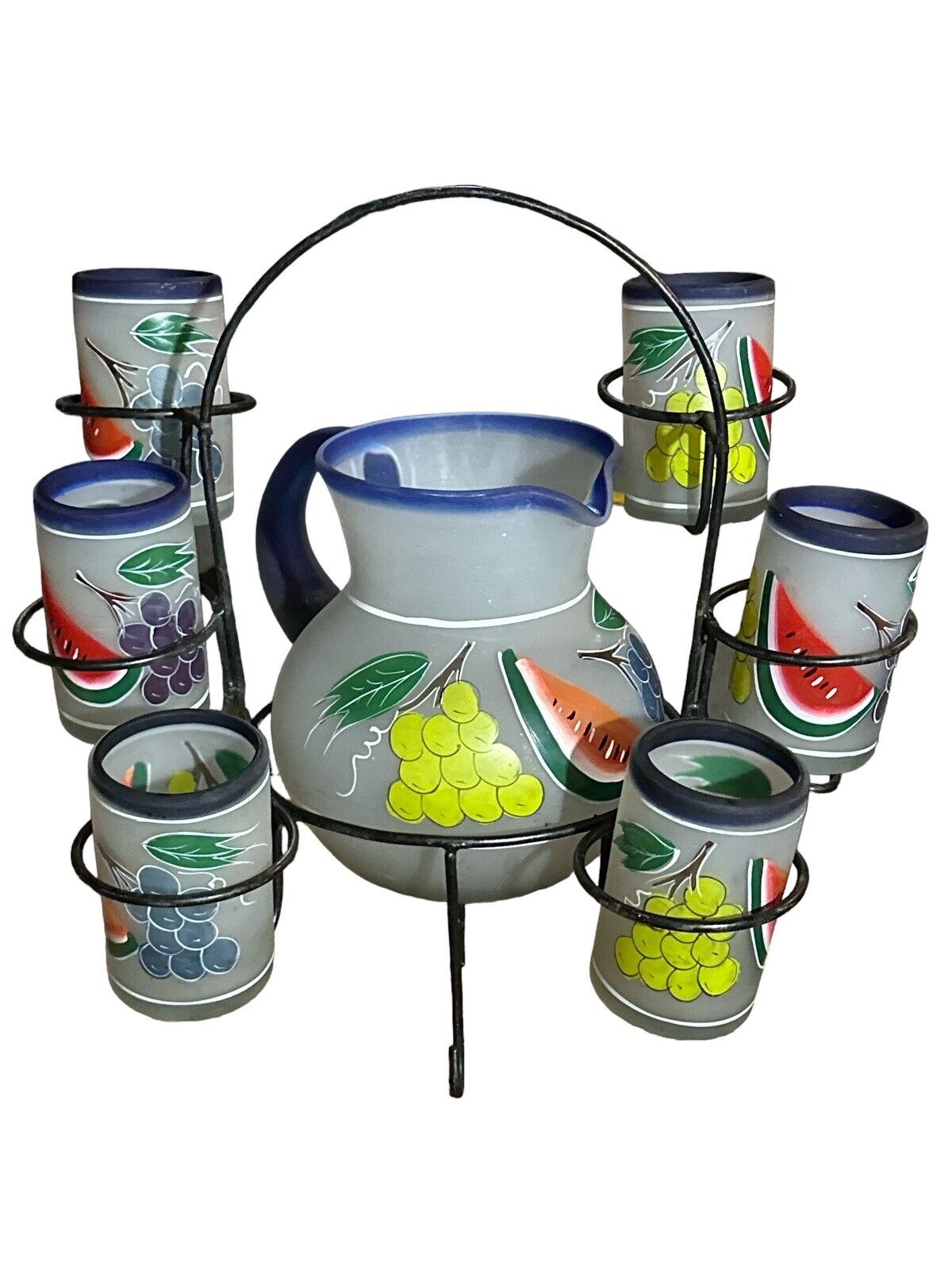 Vtg Handmade Blown & Painted Mexican Lemonade Pitcher 6 Glasses And Metal Holder