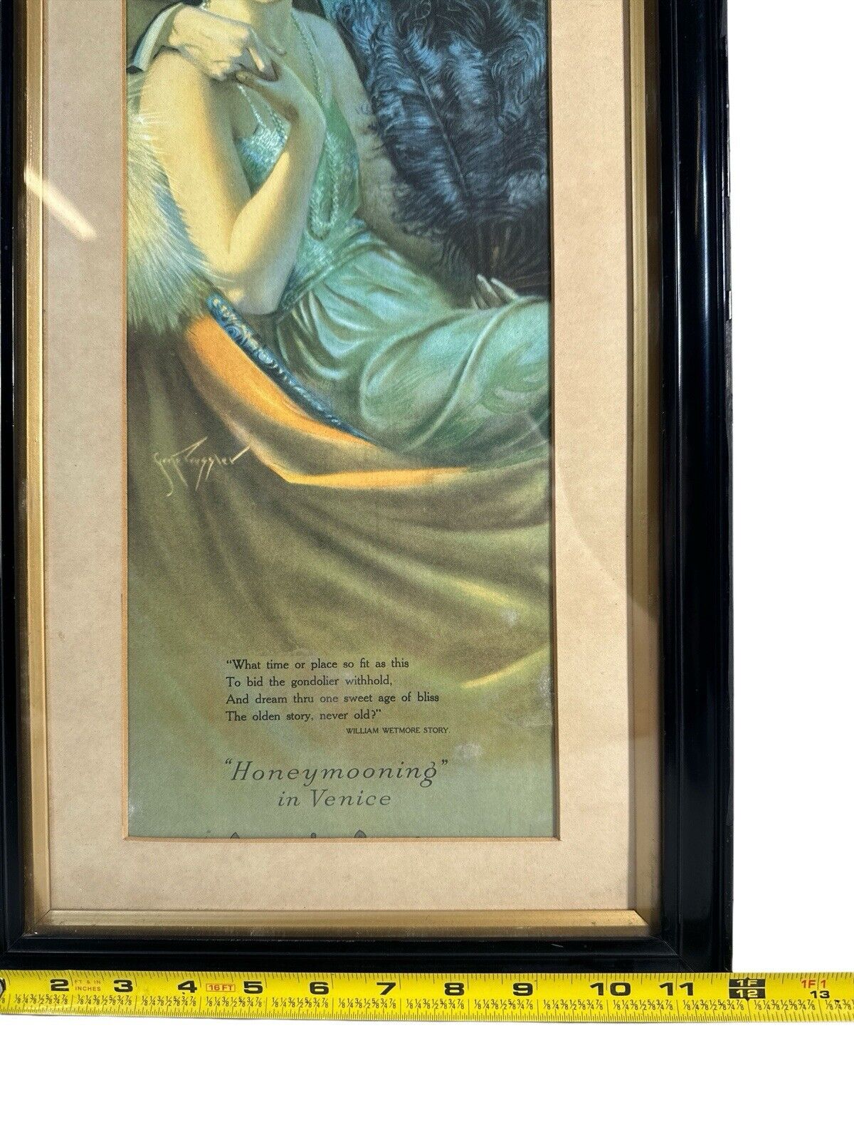 Antique Original Litho Framed Gene Pressler Honeymooning in Venice 30” X 12”