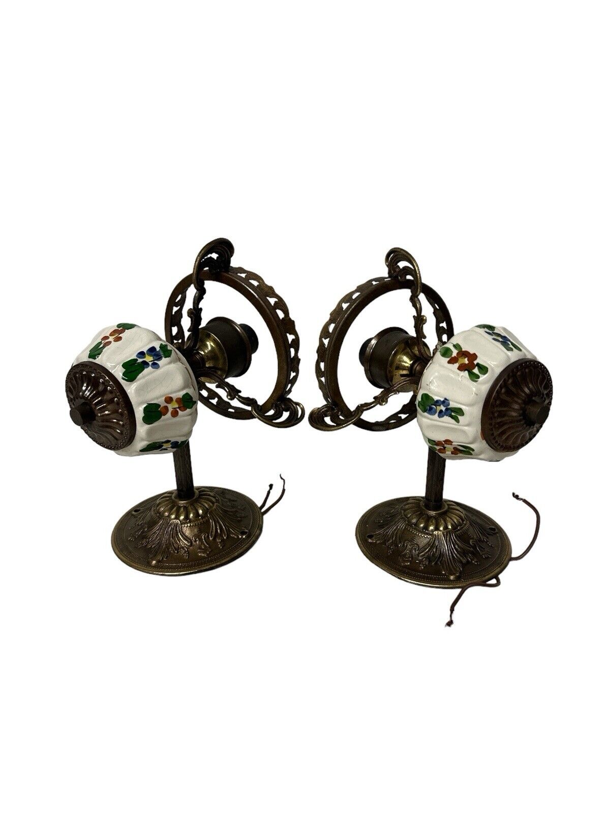 Rare Pair Of Early American Ceramic & Brass Wall Sconces Antique Vintage 1920’s