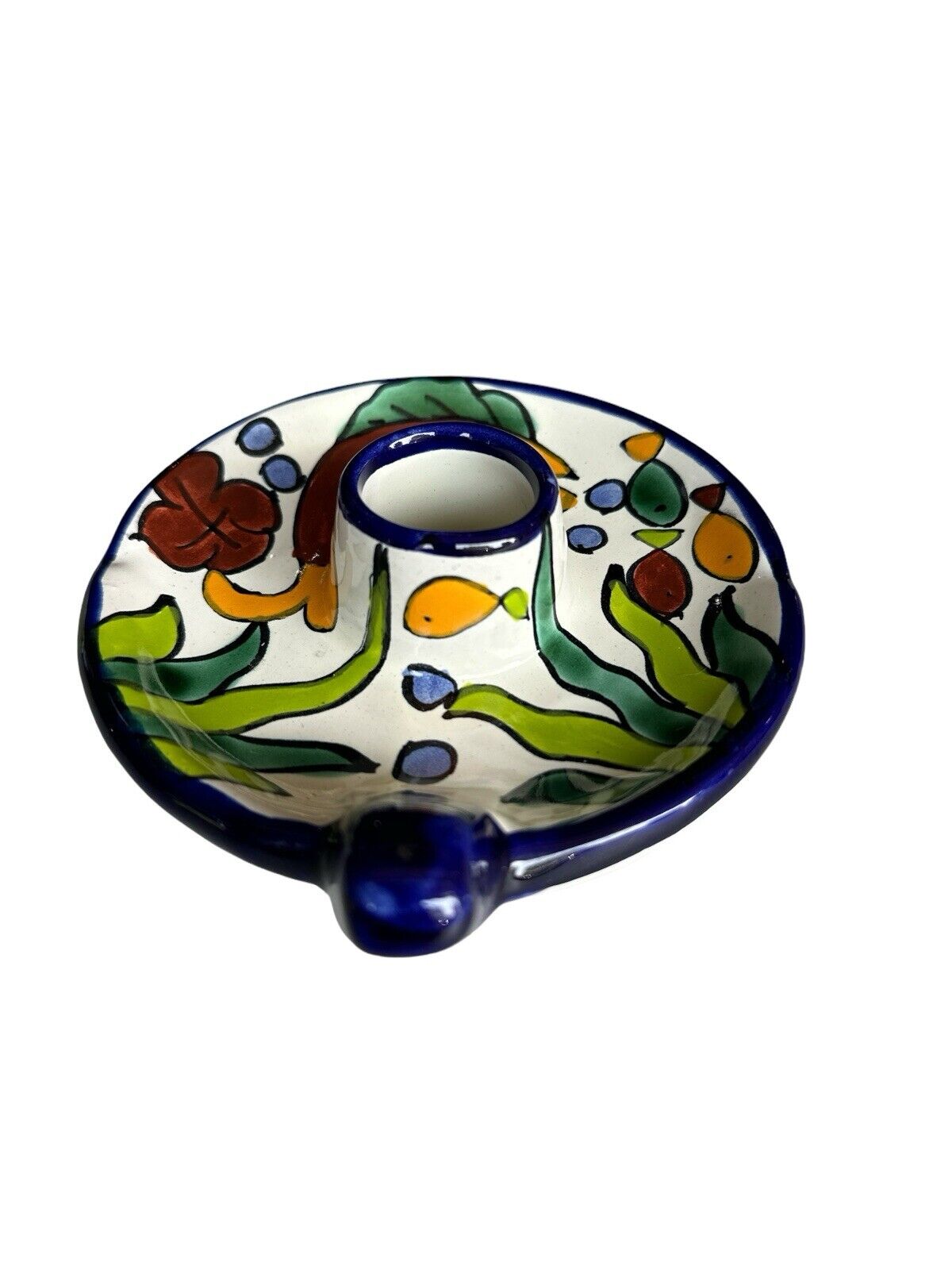 Handmade Painted signed C. Hidalgo H. Mexico Terracotta Pottery Candlestick