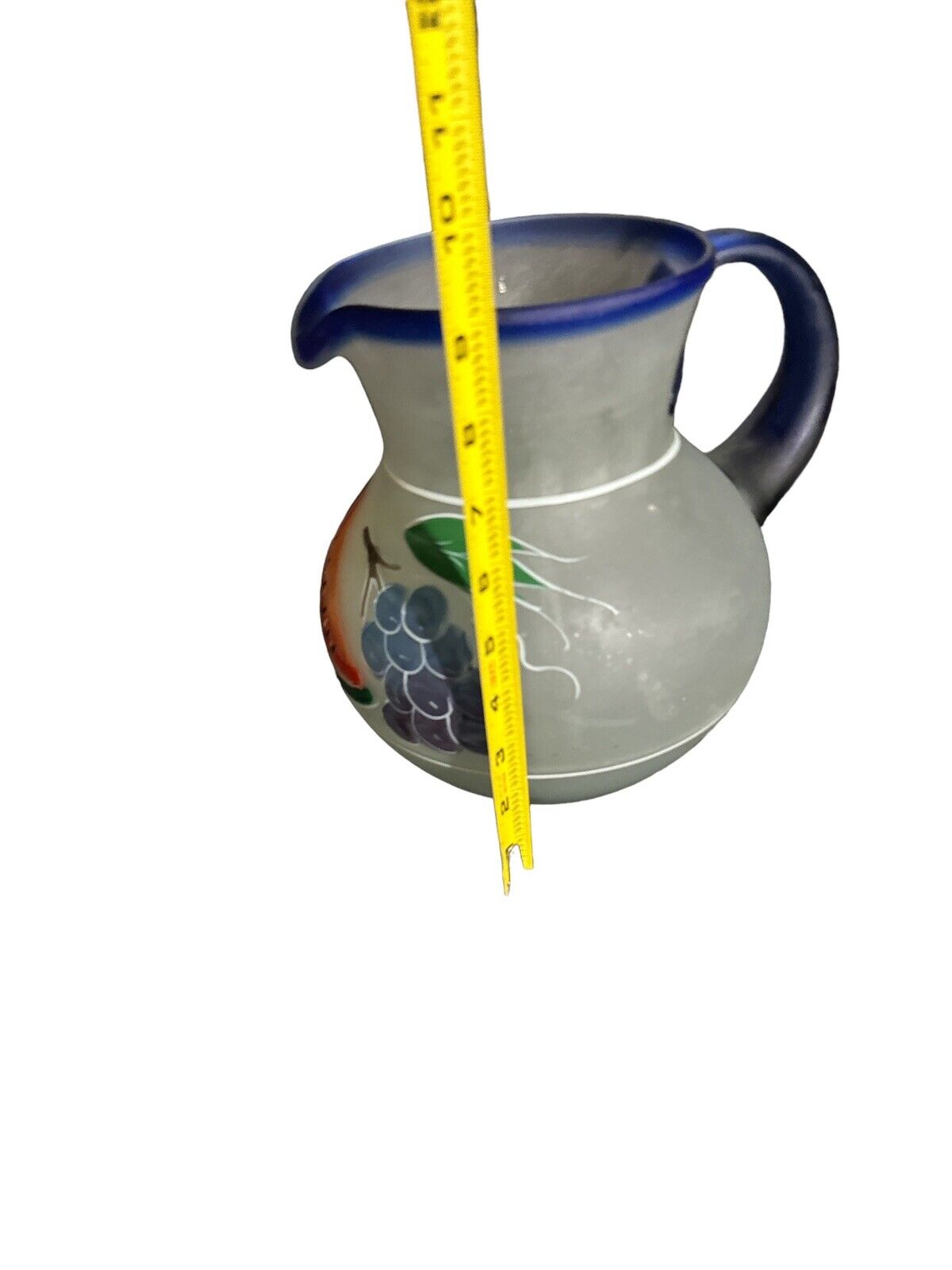 Vtg Handmade Blown & Painted Mexican Lemonade Pitcher 6 Glasses And Metal Holder