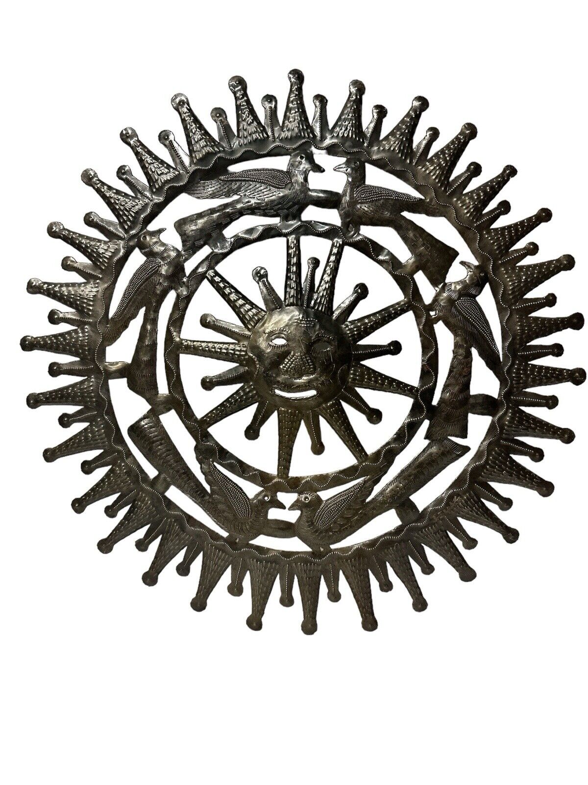 Vtg 1980’s Haitian Metal Art Decor Sun & Birds Handmade Signed Jonas 23” X 23”