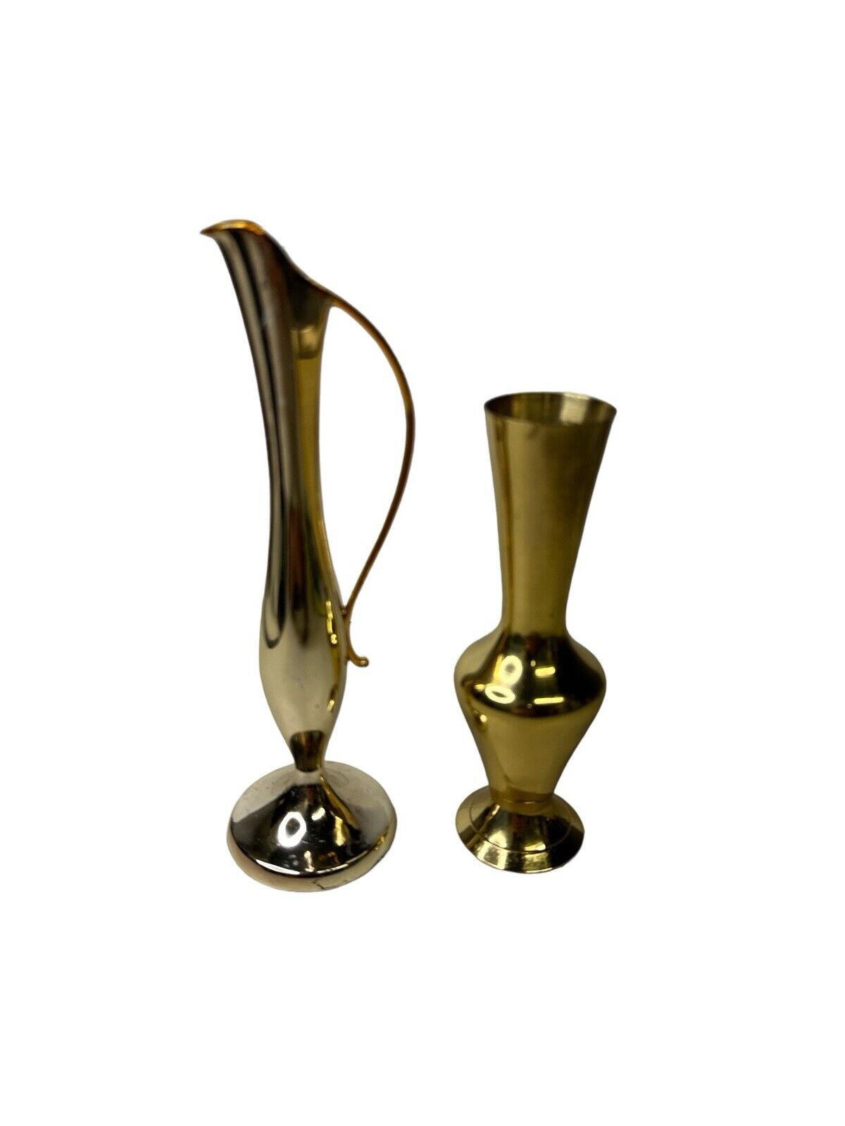 2 Small Vintage Vase Jar Jug Metal Brass Decor Shelf Vases 7”