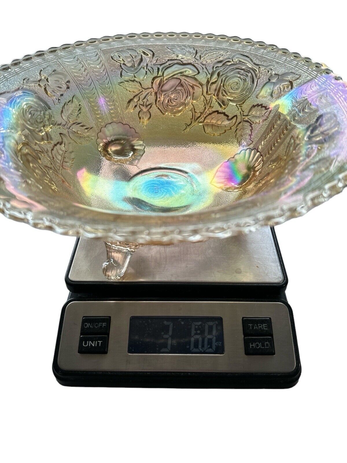 Vintage Carnival Glass Imperial Footed Bowl Luster Peach Iridescent 1930’s