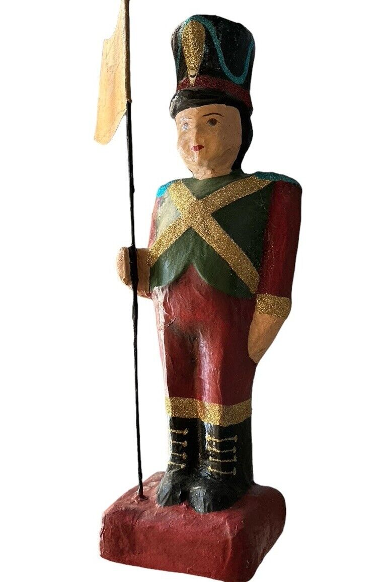 Large Vintage Paper Mache Soldier With Flag 22” Tall Handmade Painted