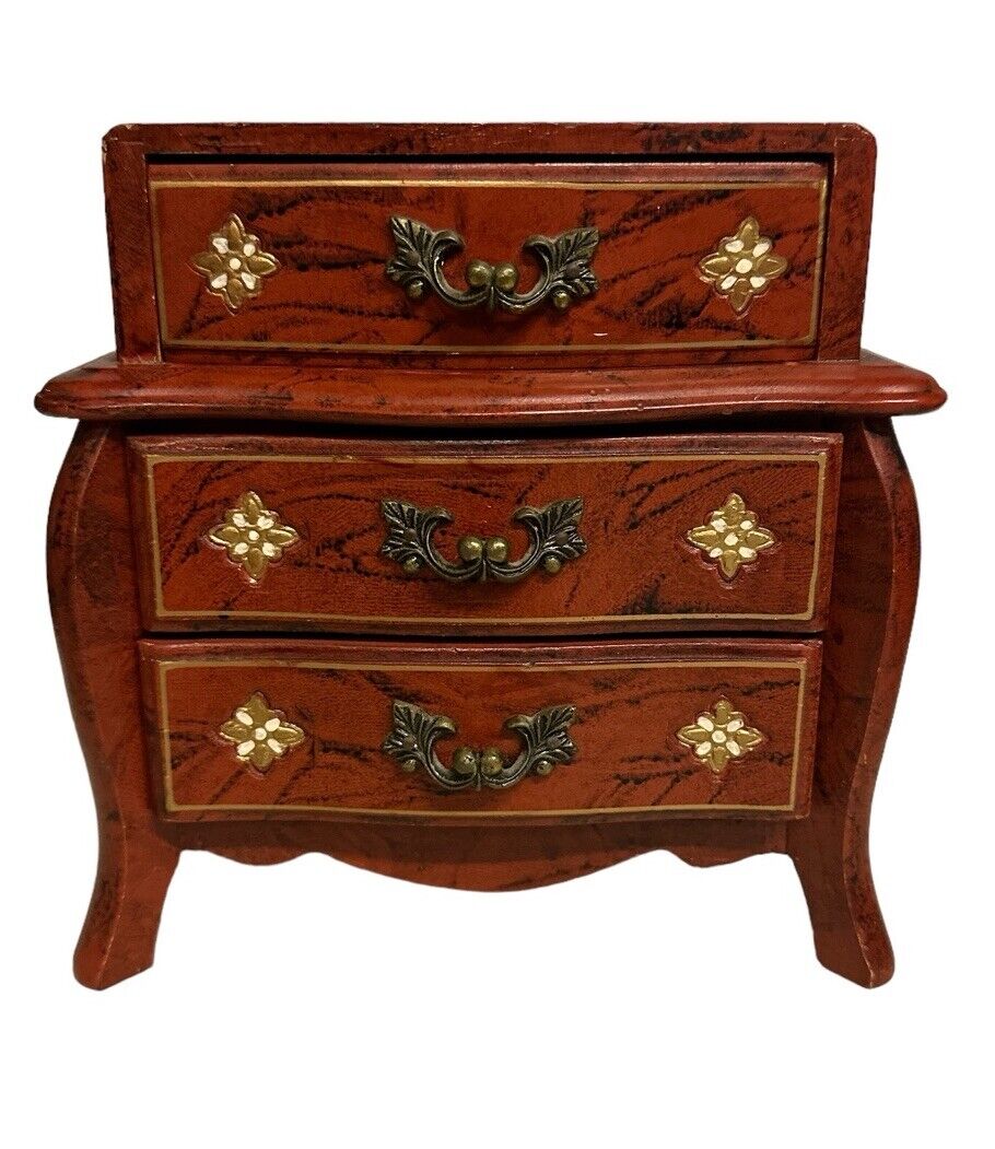 Amazing Jewelry Musical Box Delicate Lid Pulls Down+ Drawers Open Footed Wood