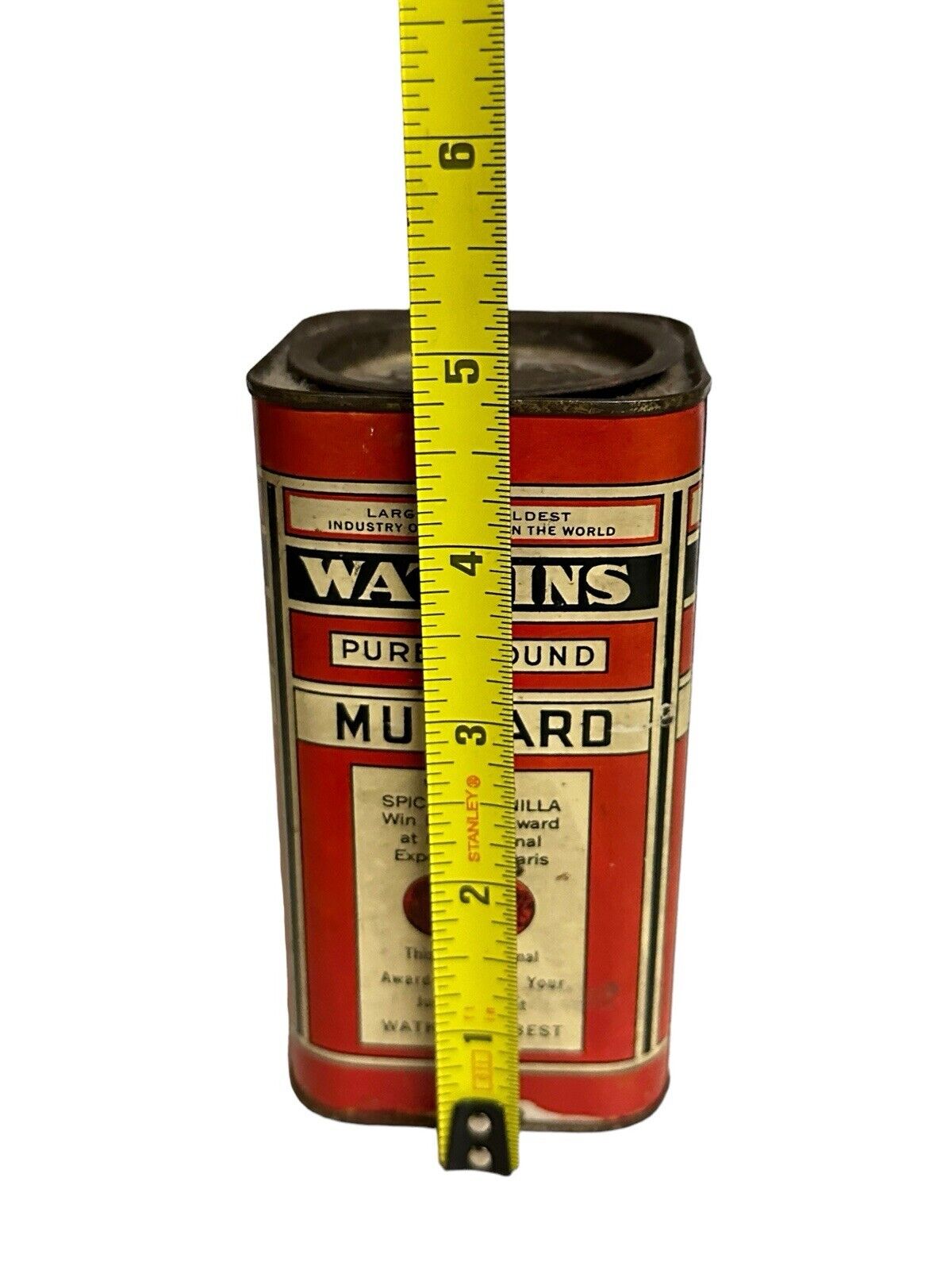 Antique Vtg 1920 J.R. Watkins 8 oz Square Mustard Tin for Display Half Full