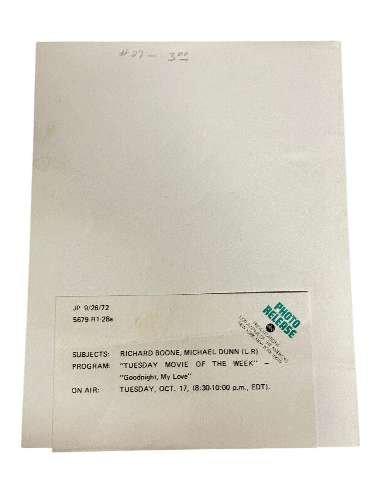 1972 Press Release Photo ABC Richard Boone & Michael Dunn “Goodnight My Love”