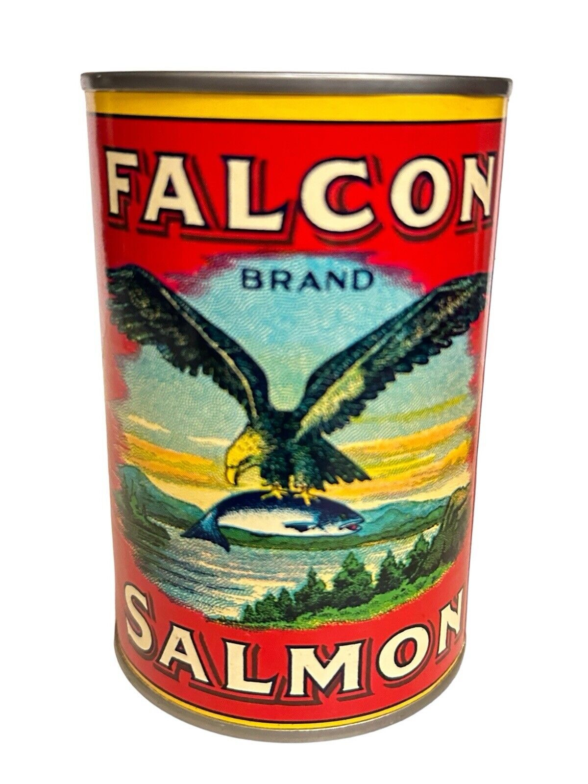 2 Antique Food Can Reprinted Falcon & Paddle Salmon Advertising Cans WWI Label