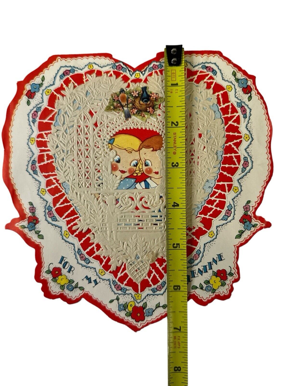 Vtg 1920s Valentine Unused Heart Flowers Kids Puppy Love Paper Lace Doily 7”x 7”