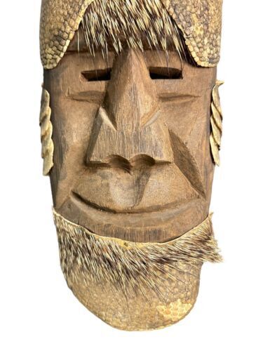 Old Mexican Folk Art Dance Mask Carved Wood Porcupine Quills Armadillo Large
