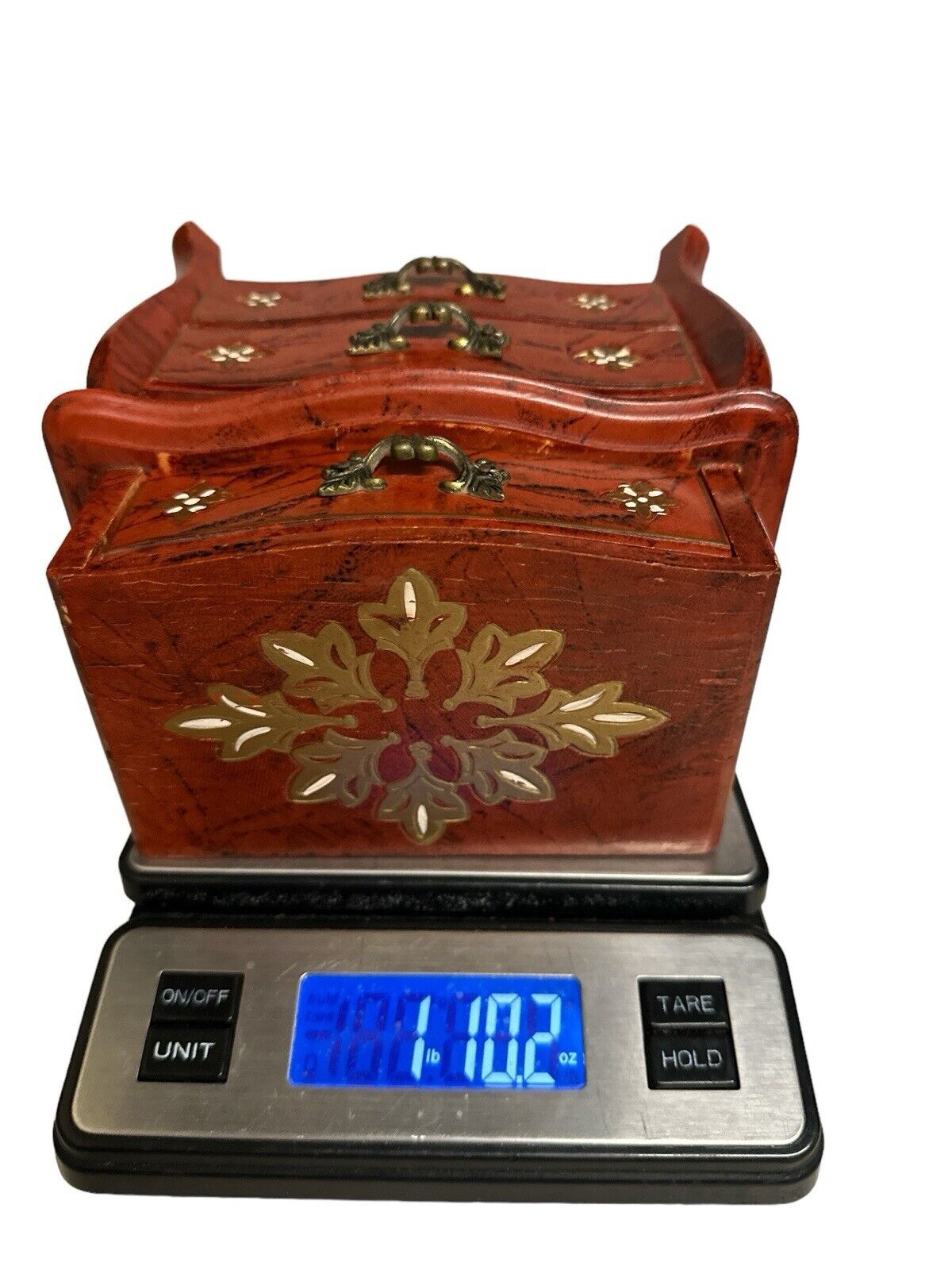 Amazing Jewelry Musical Box Delicate Lid Pulls Down+ Drawers Open Footed Wood