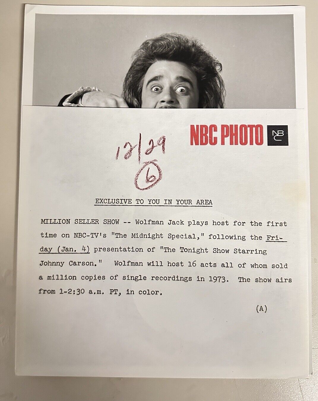 1973 DJ Wolfman Jack Authentic Press Release Photo The Midnight Show NBC