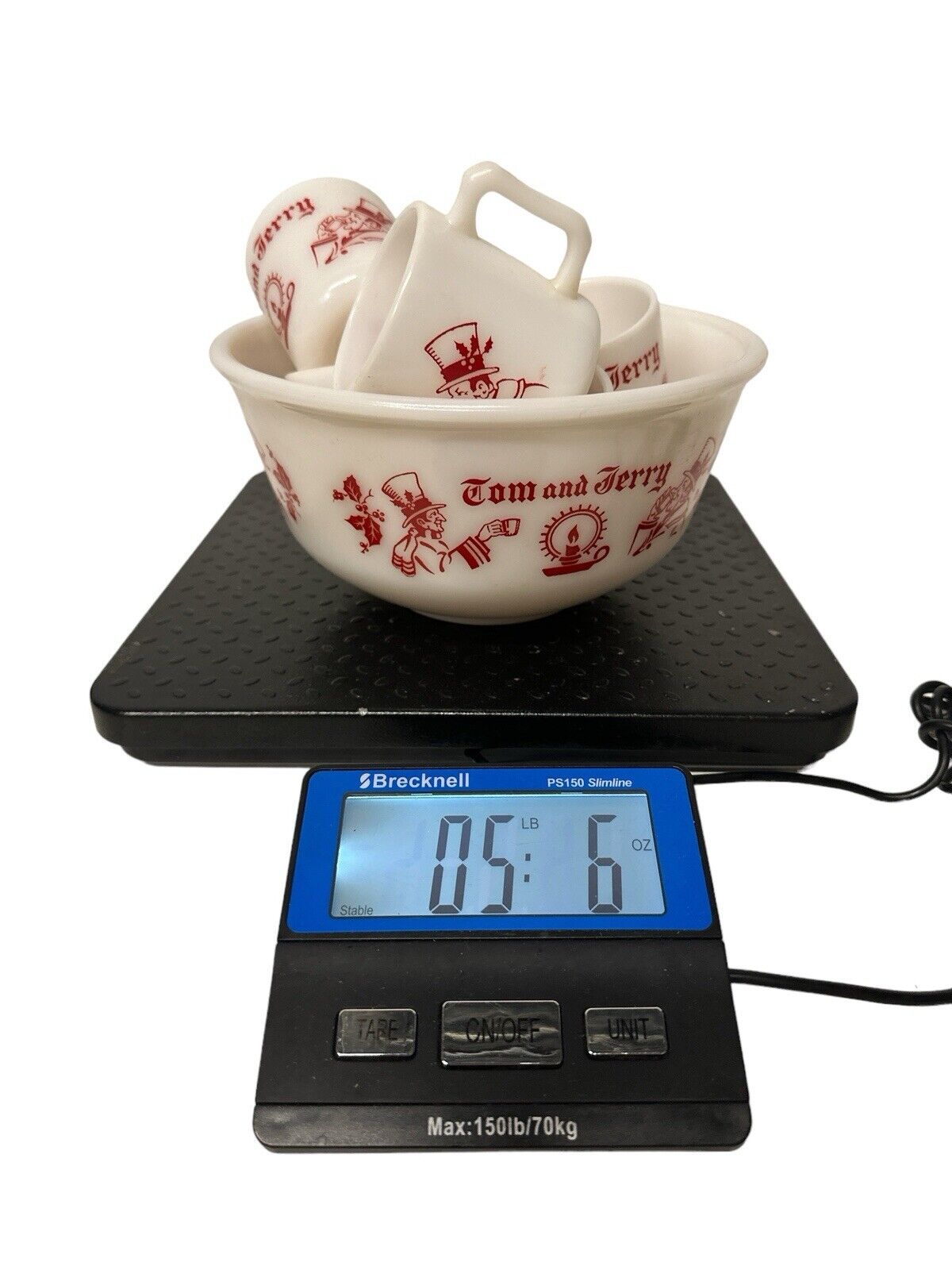 Vtg Milk Glass Hazel Atlas Egg Nog Bowl Tom & Jerry with 6 Matching Mugs & Bowl