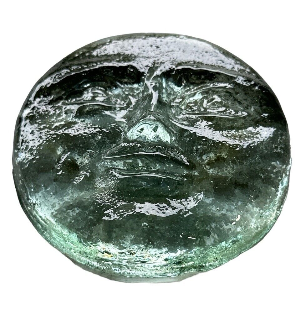 Vtg Pressed Glass Moon Face Round Paperweight Mid-Century Artmade In Mexico 4”