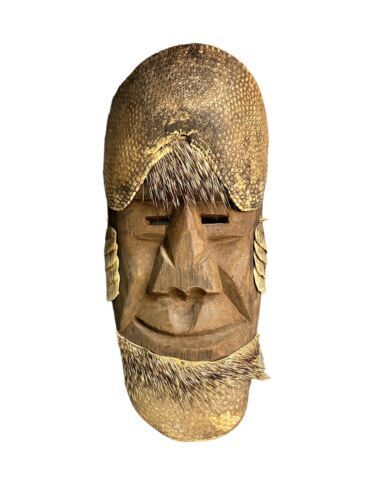 Old Mexican Folk Art Dance Mask Carved Wood Porcupine Quills Armadillo Large