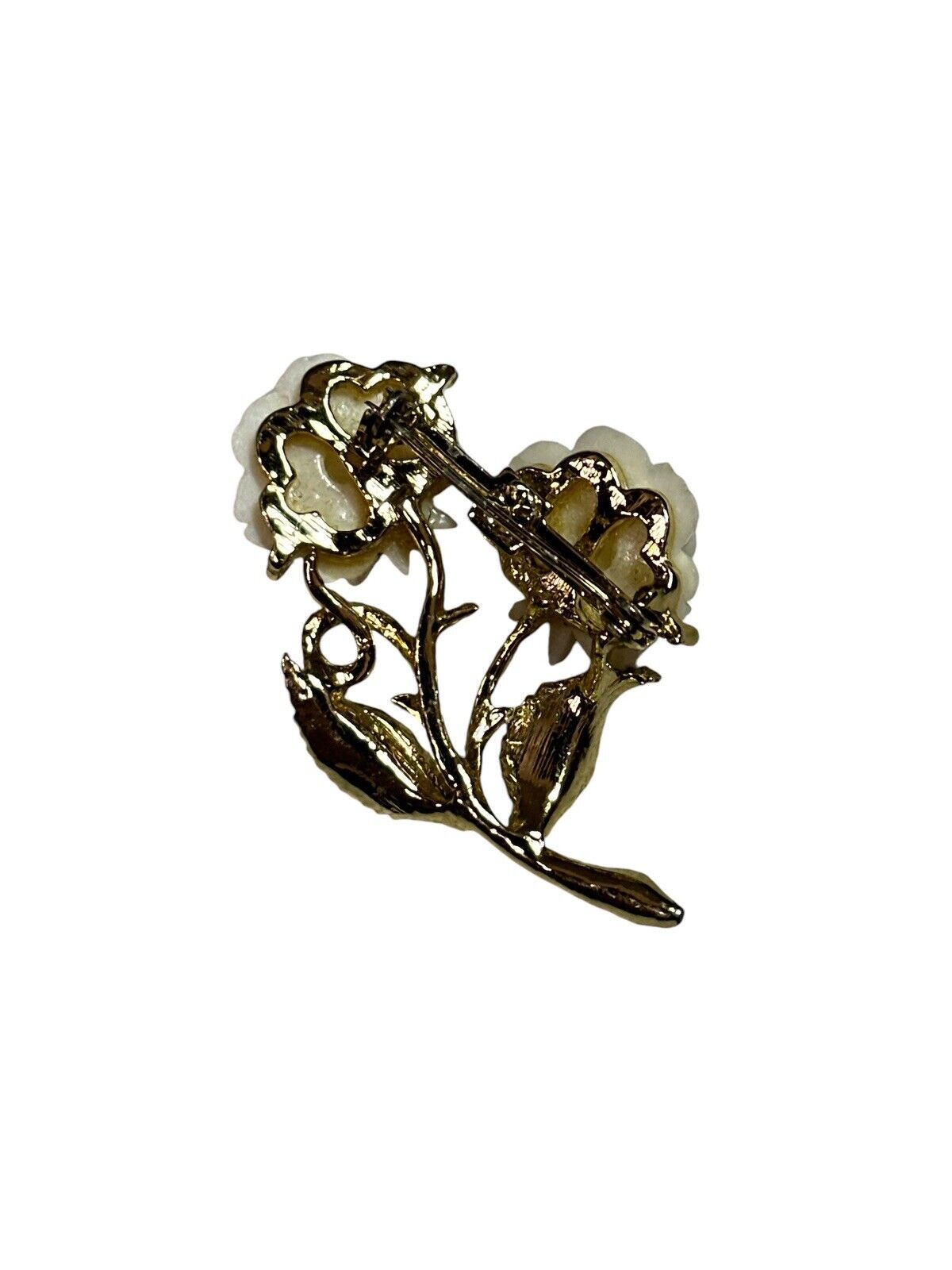 Vtg Gold Tone Carved Resin Double Rose Brooch Pin Off White Flower