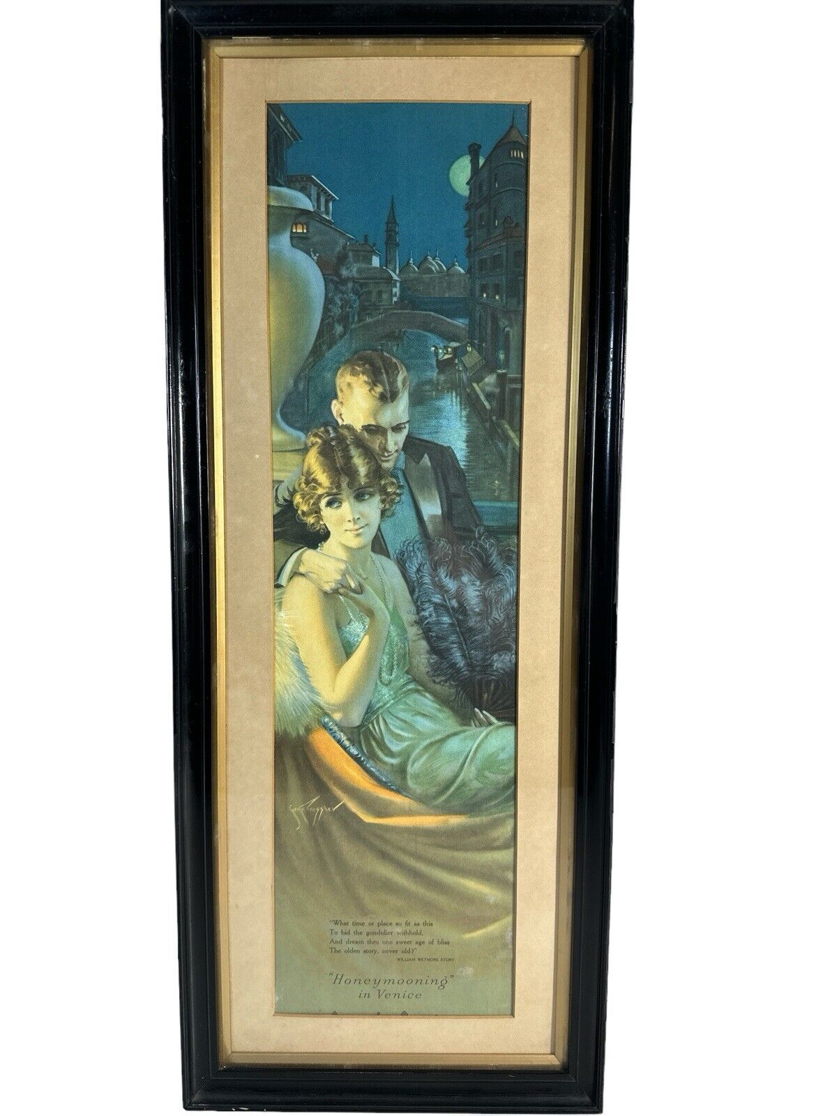 Antique Original Litho Framed Gene Pressler Honeymooning in Venice 30” X 12”