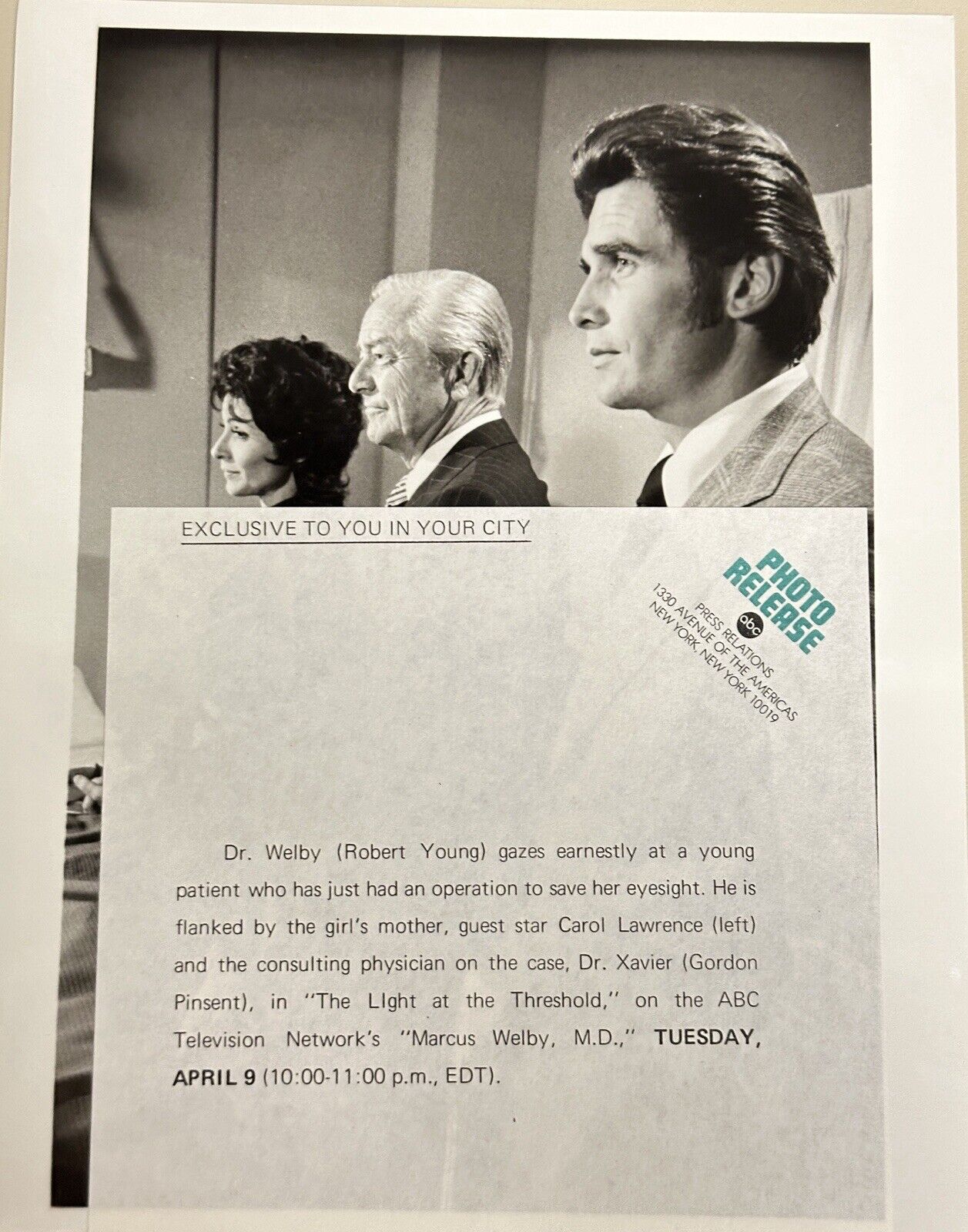 1974 Press Release Photo Marcus Welby Carol Lawrence Gordon Pinsent Robert Young