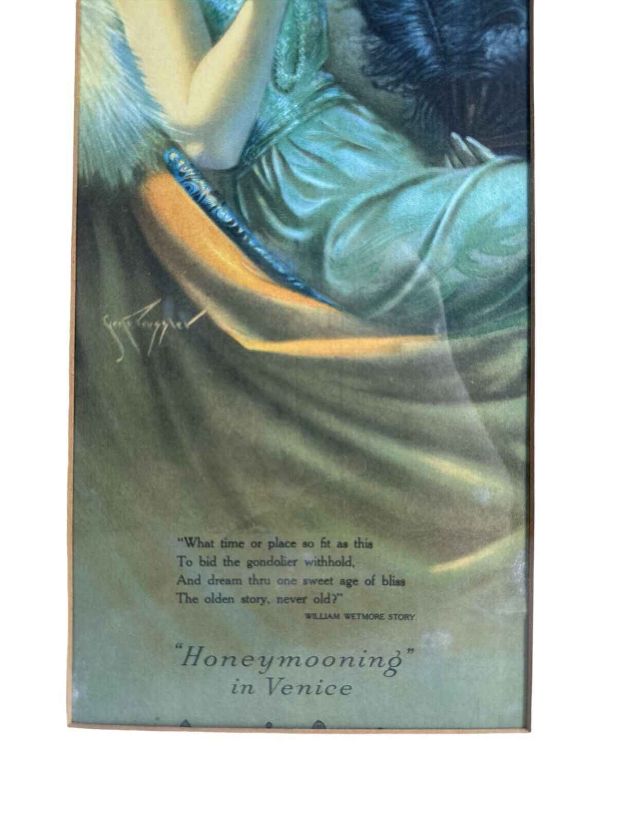 Antique Original Litho Framed Gene Pressler Honeymooning in Venice 30” X 12”
