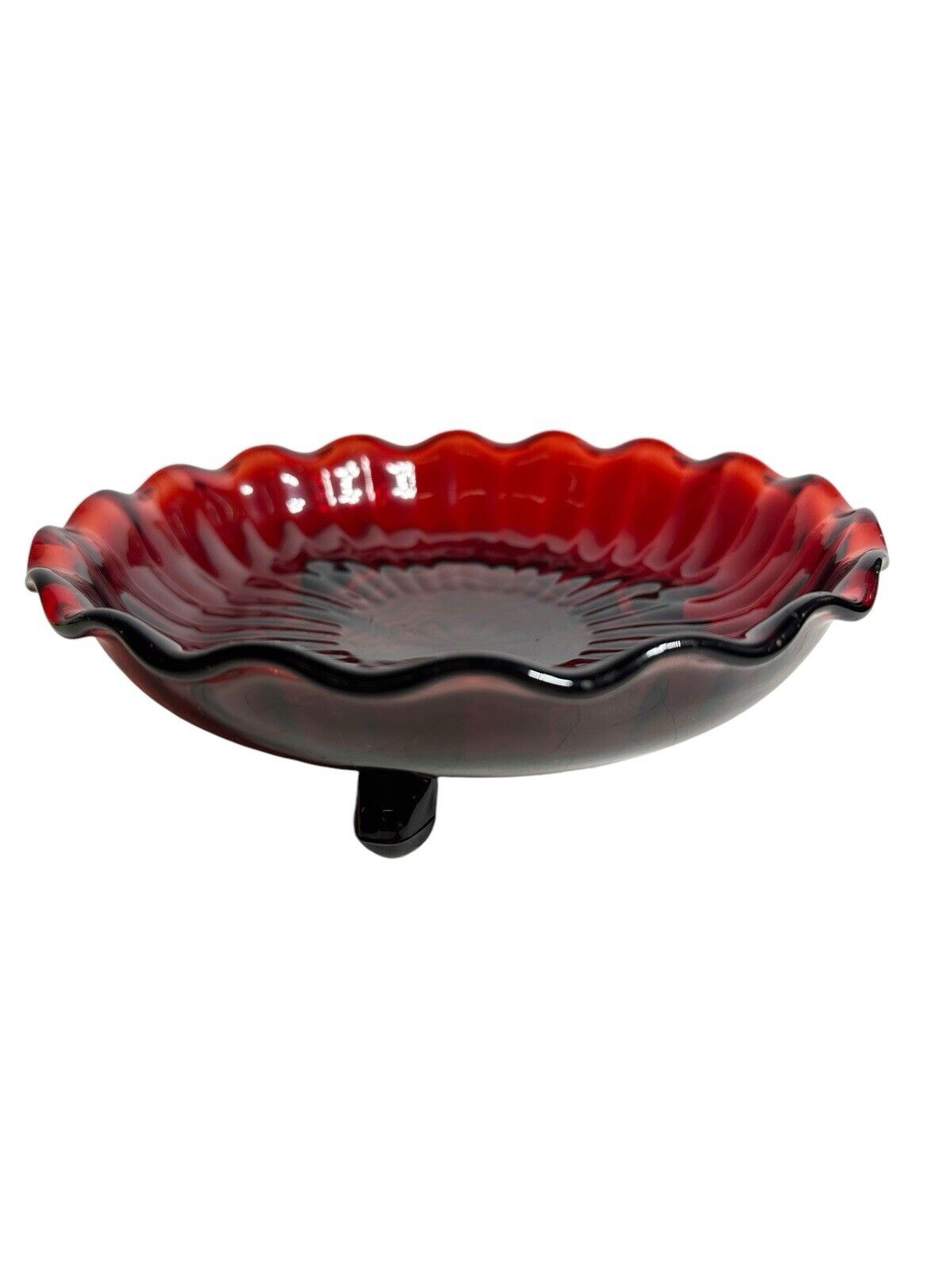 Vtg 1950’s Anchor Hocking Royal Ruby Red Candy Dish Bowl Ribbed Star 3 Footed 7"