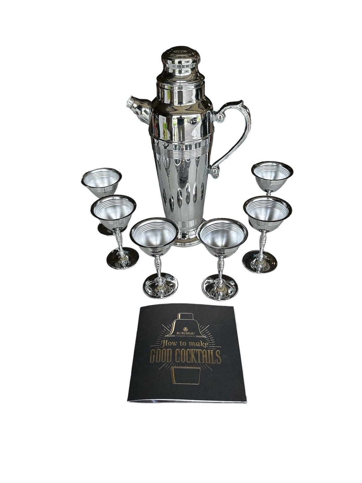 High Quality Vintage Chrome Cocktail Shaker 6 Stemmed Cordials & Bar Book