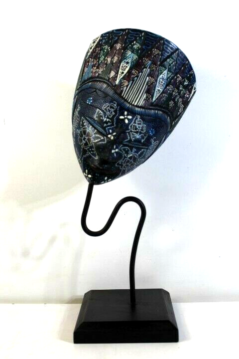 Vtg Hand Painted Beautiful Wooden Face Sculpture on a stand Indonesian Origin