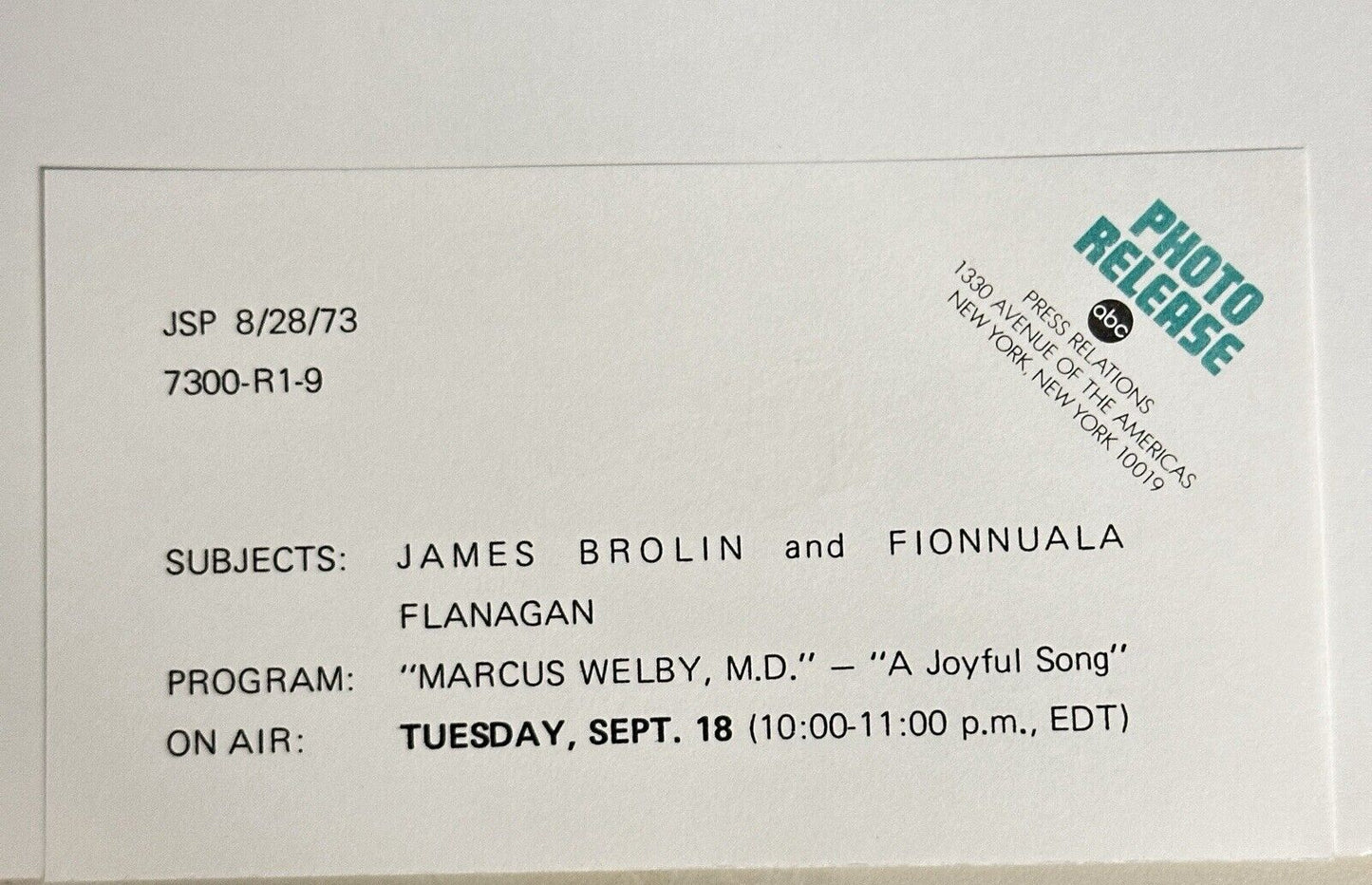 1973 Press Release Photo Marcus Welby M.D. James Brolin and Fionnuala Flanagan