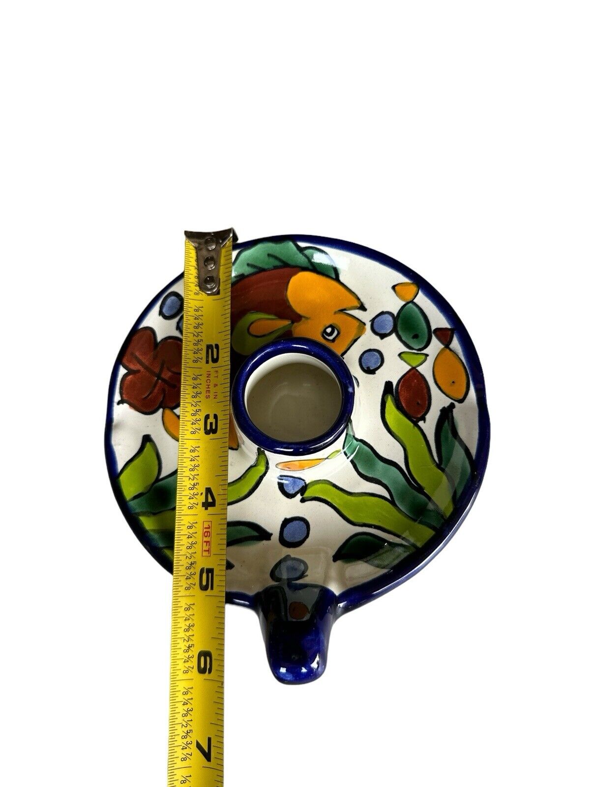 Handmade Painted signed C. Hidalgo H. Mexico Terracotta Pottery Candlestick