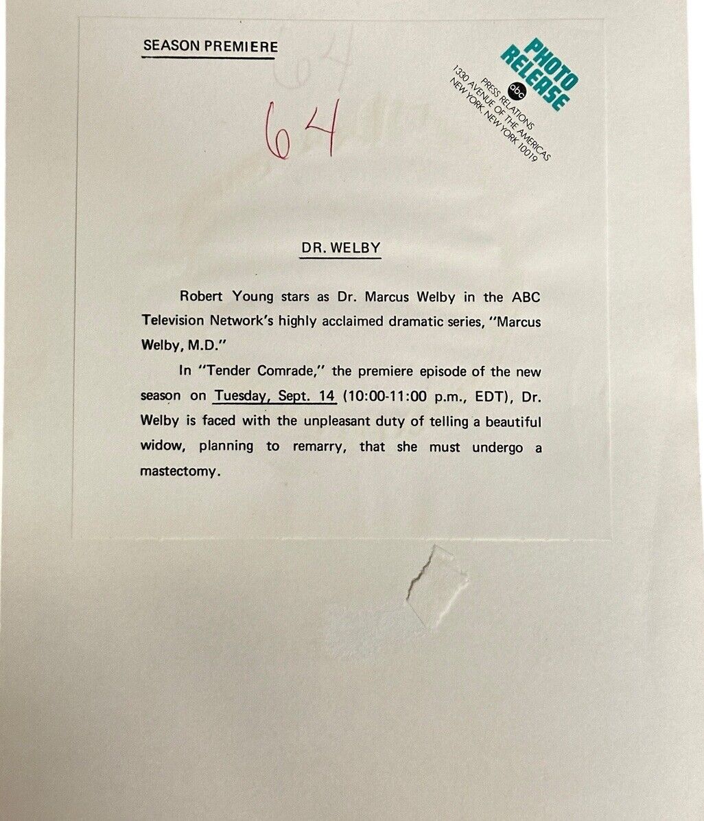 1970’s Season Premier Dr. Marcus Welby Starring Robert Young Press Release Photo