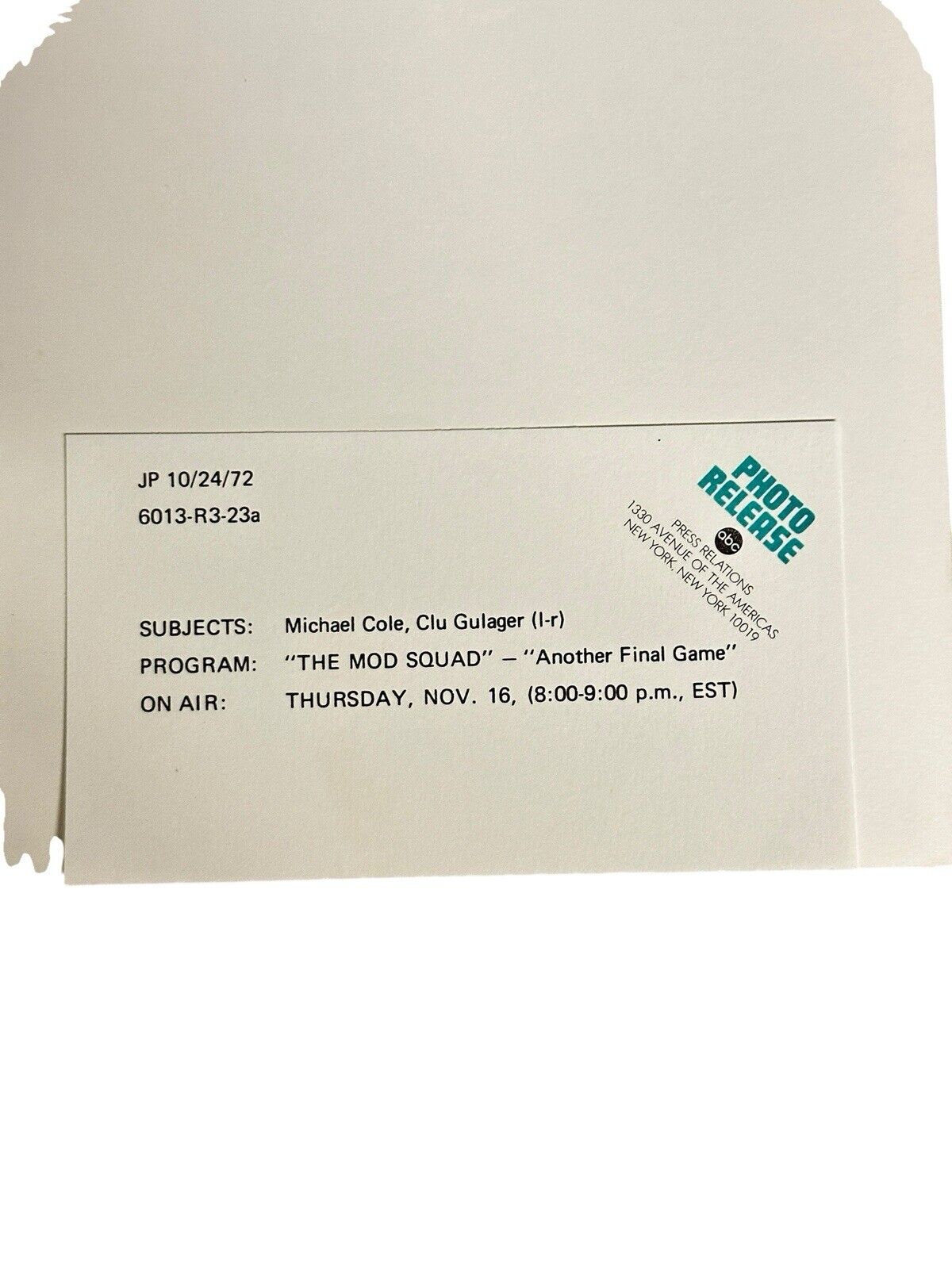 1972 Press Release Photo ABC “The Mid Squad” Michael Cole & Clu Gulager 7”x9”