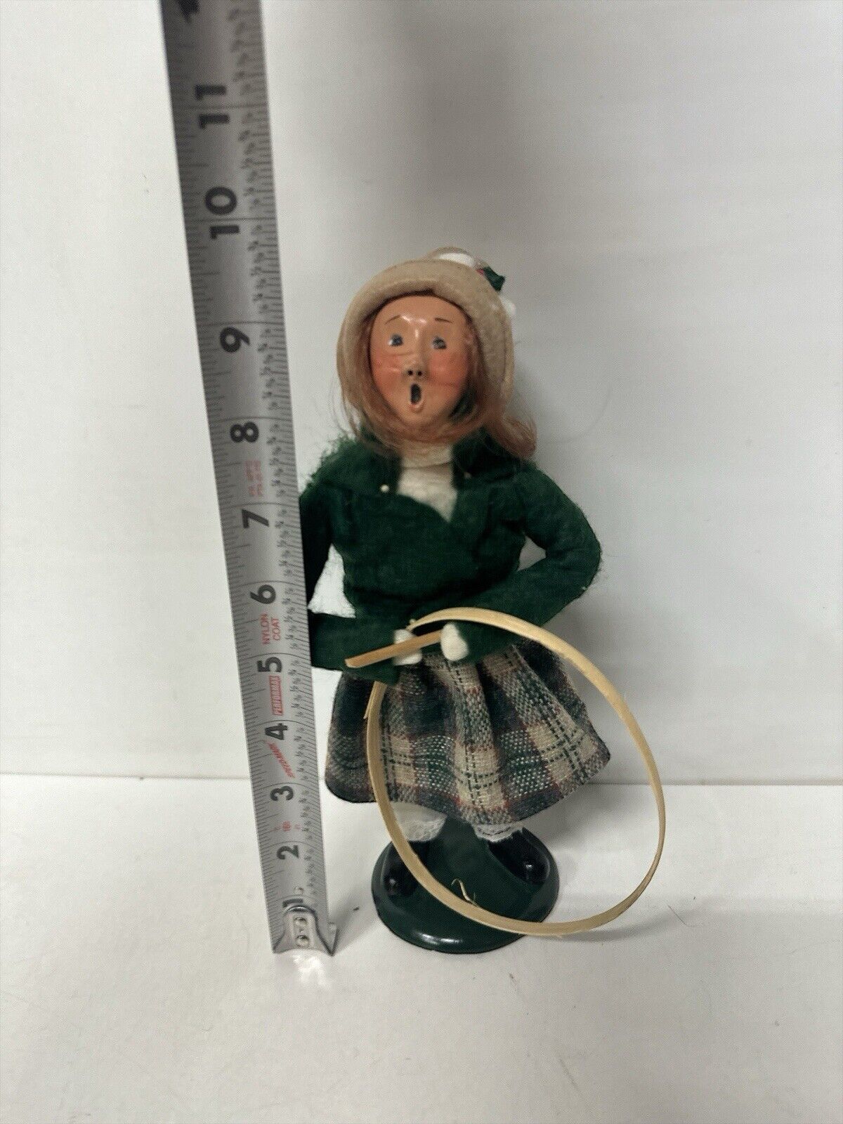 1990 Byers Choice Carolers Girl with a Wooden Hoop & Stick Toy