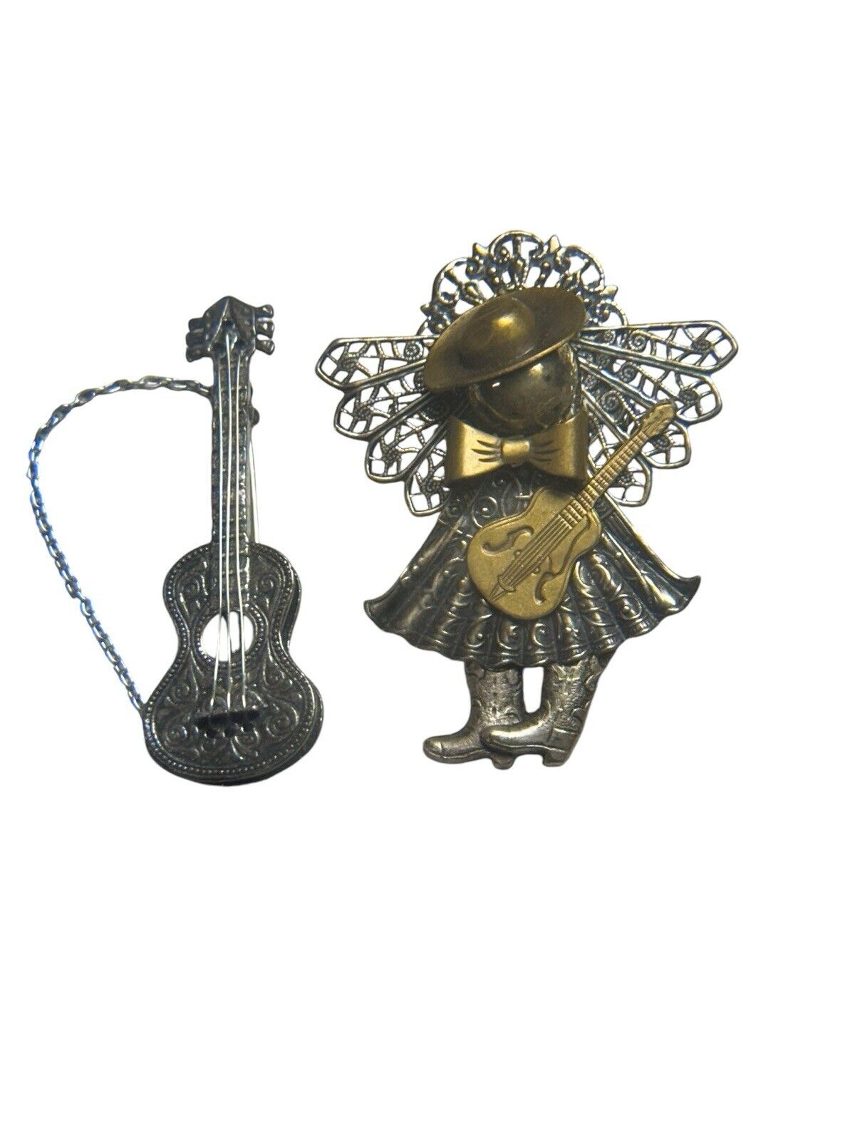 Lot of 2 Vtg silver brass cowgirl angel and Napier silver guitar brooch pin