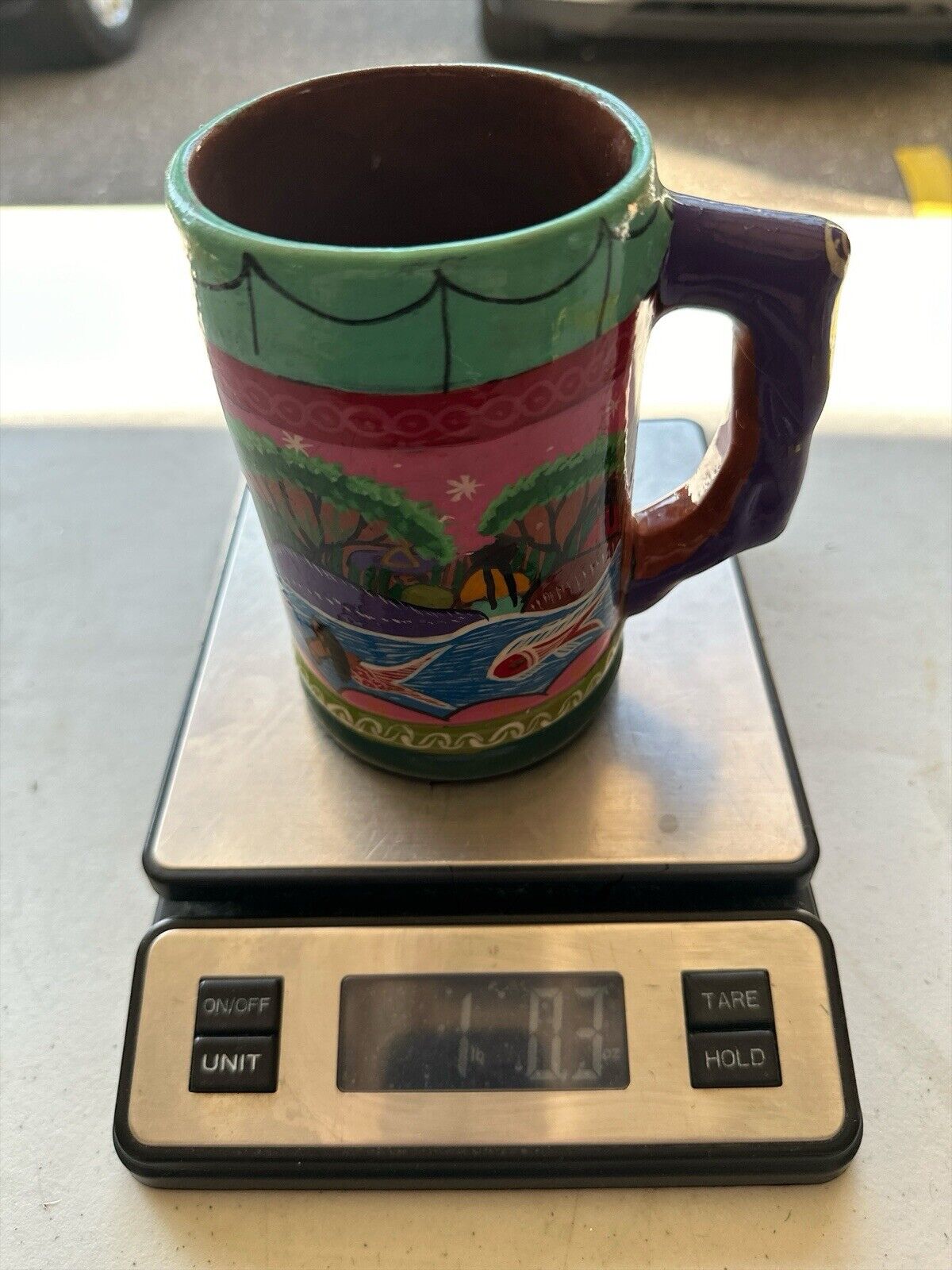 Vintage Hand painted Glazed Natural Clay Pottery Mug Central Mexico Folk Art