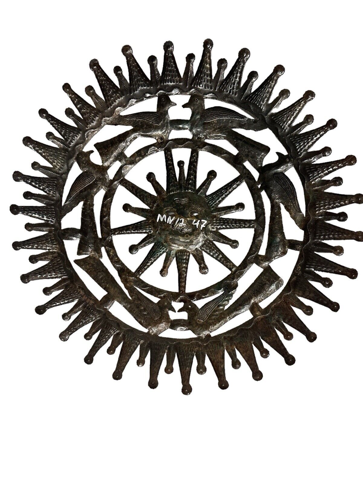 Vtg 1980’s Haitian Metal Art Decor Sun & Birds Handmade Signed Jonas 23” X 23”