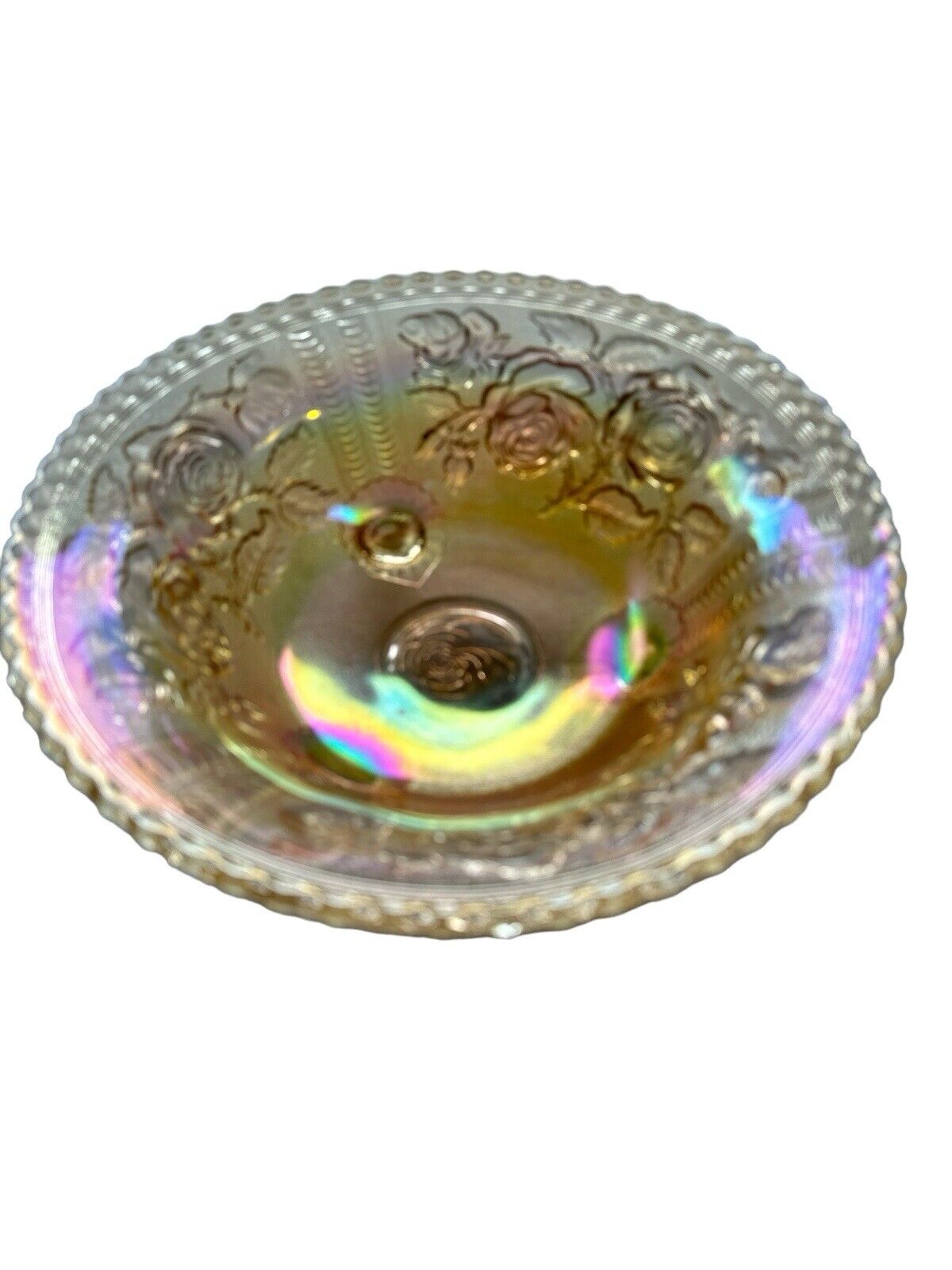 Vintage Carnival Glass Imperial Footed Bowl Luster Peach Iridescent 1930’s