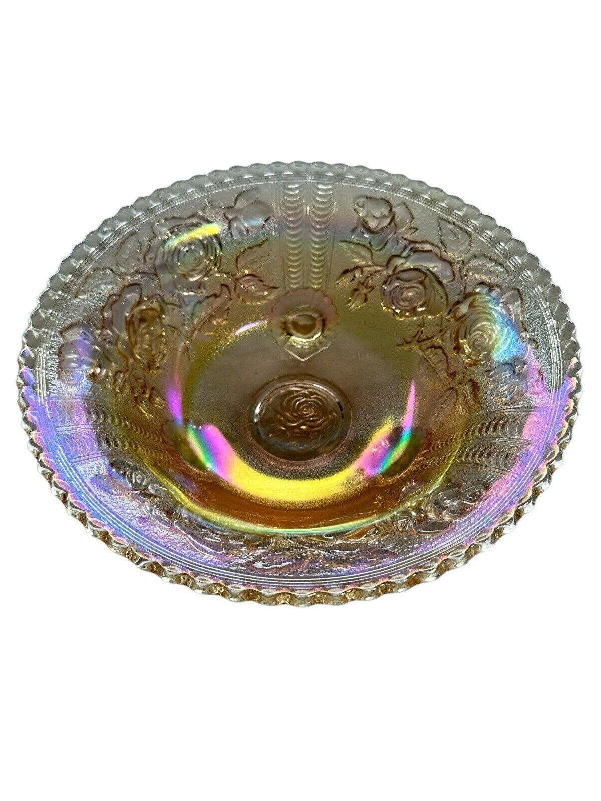 Vintage Carnival Glass Imperial Footed Bowl Luster Peach Iridescent 1930’s