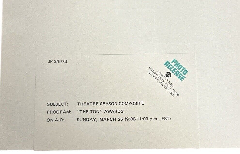 1973 Annual Tony Awards 1973 Press Release photo Theatre Season Composite