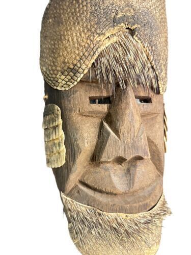 Old Mexican Folk Art Dance Mask Carved Wood Porcupine Quills Armadillo Large