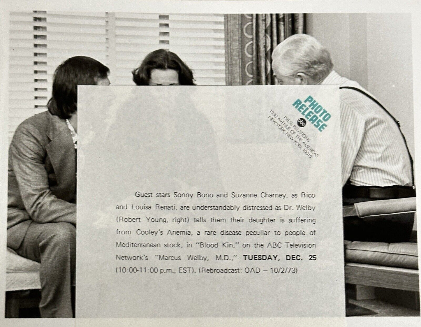 1973 Press Release Photo Marcus Welby M.D. Sonny Bono Suzanne Charney & R Young