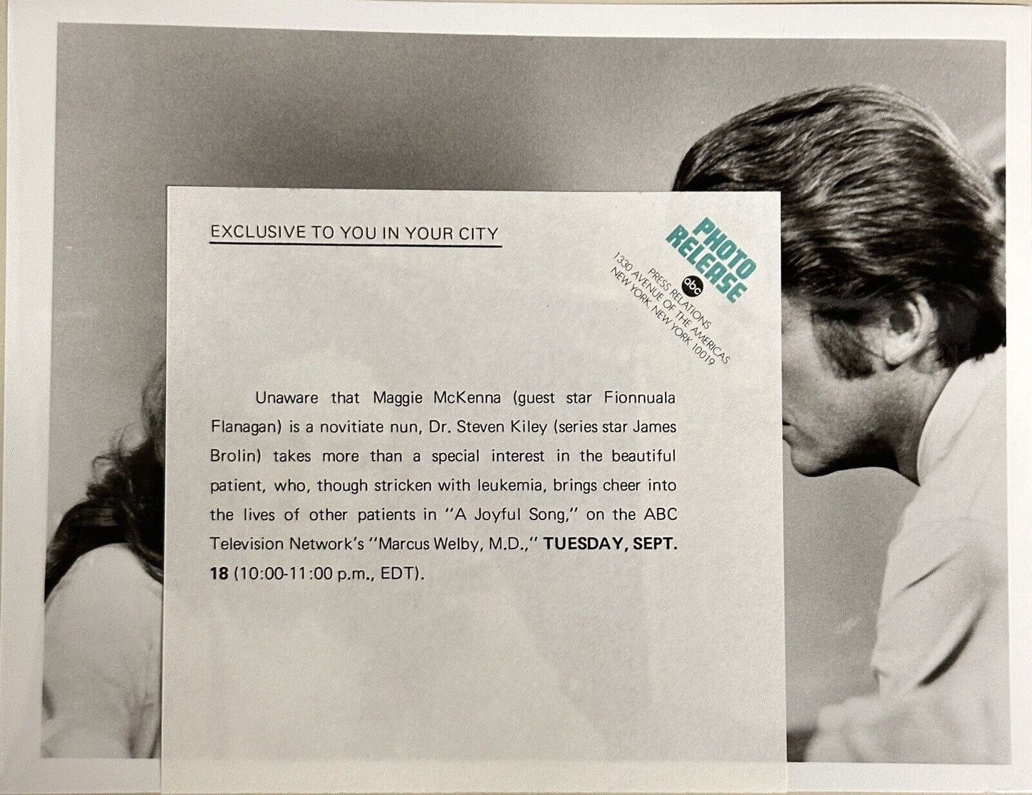 1973 Press Release Photo Marcus Welby M.D. James Brolin and Fionnuala Flanagan