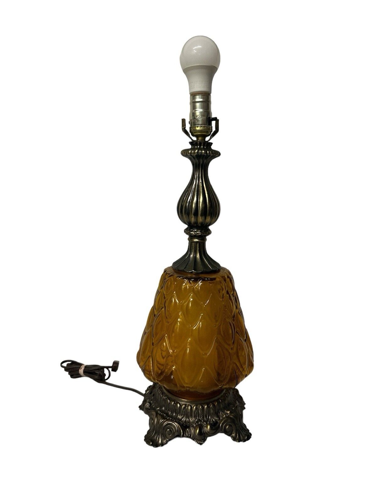 Vtg 1971 Hollywood Regency L & L WMC Table Lamp 21” Amber Globe Pineapple Works