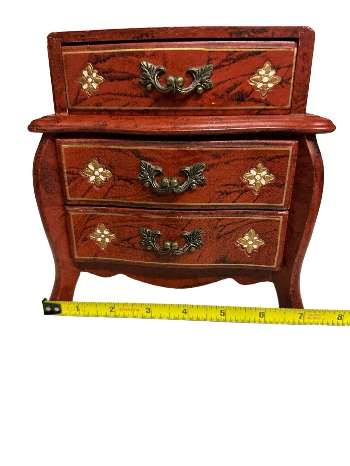 Amazing Jewelry Musical Box Delicate Lid Pulls Down+ Drawers Open Footed Wood