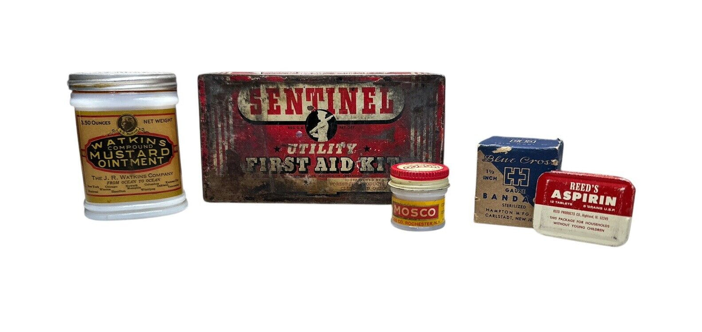 Lot of 5 Mixed Vintage Decor Medicine Tins and Containers Watkins Blue Cross