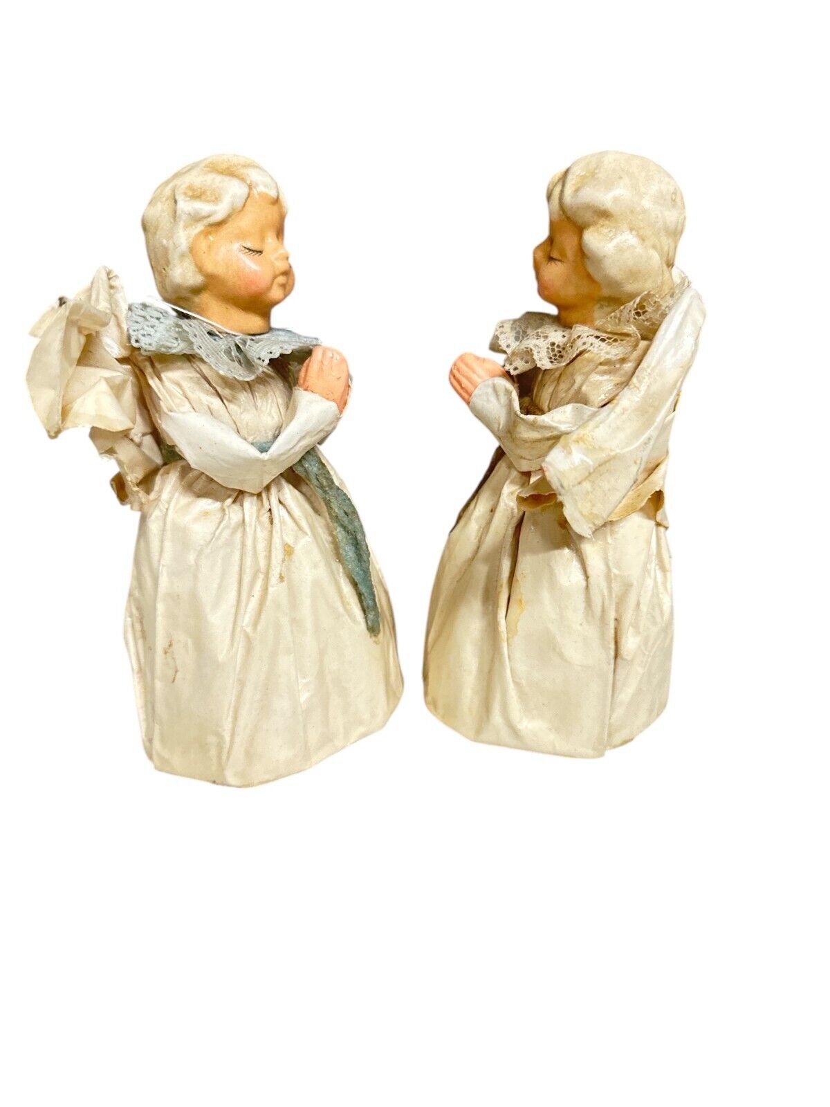 Pair of 2 Vintage Nuno Mexico Paper Mache Angel Folk Art Doll Figure Statue 6"