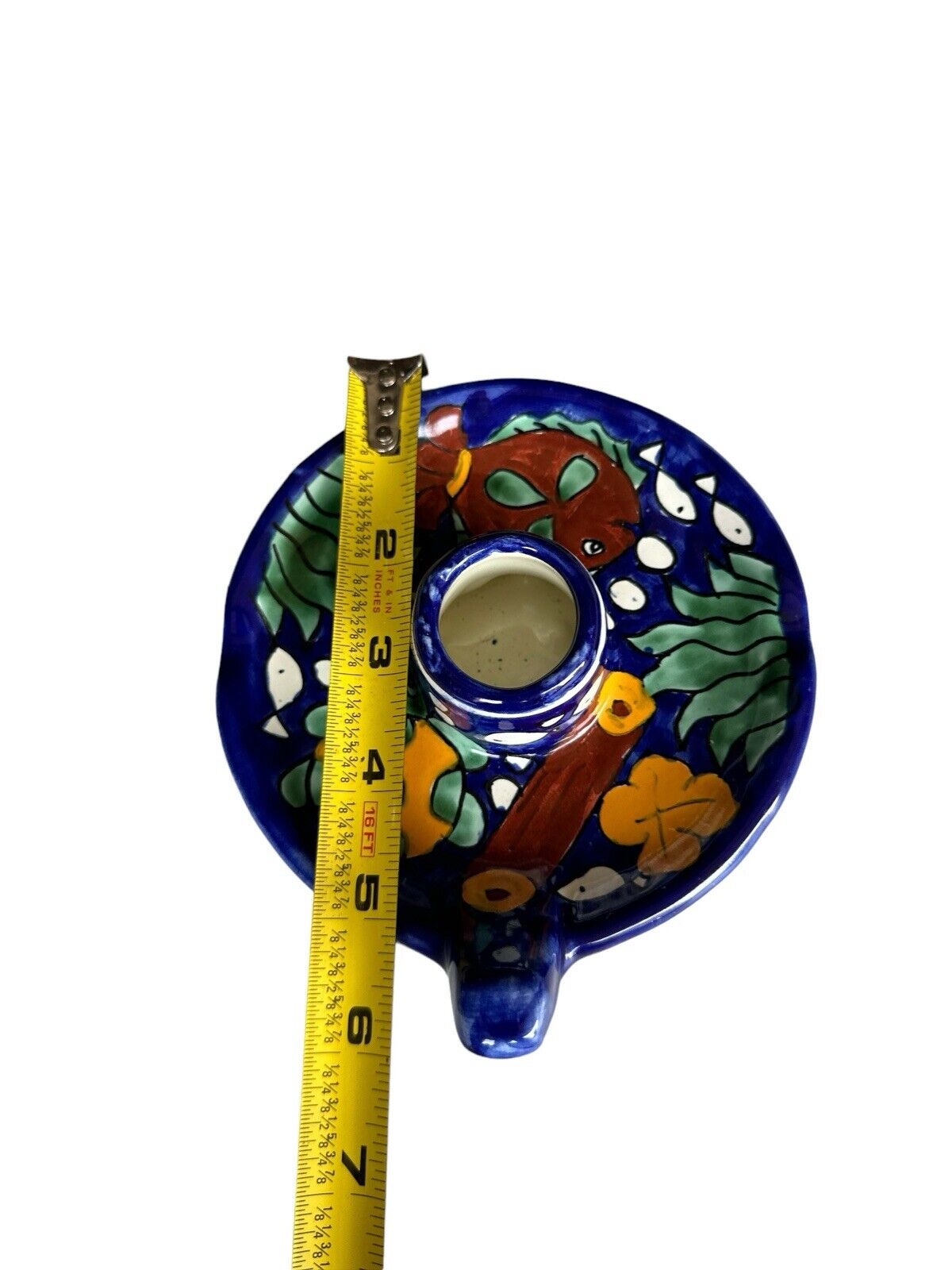 Handmade Painted signed C. Hidalgo H. Mexico Terracotta Pottery Candlestick