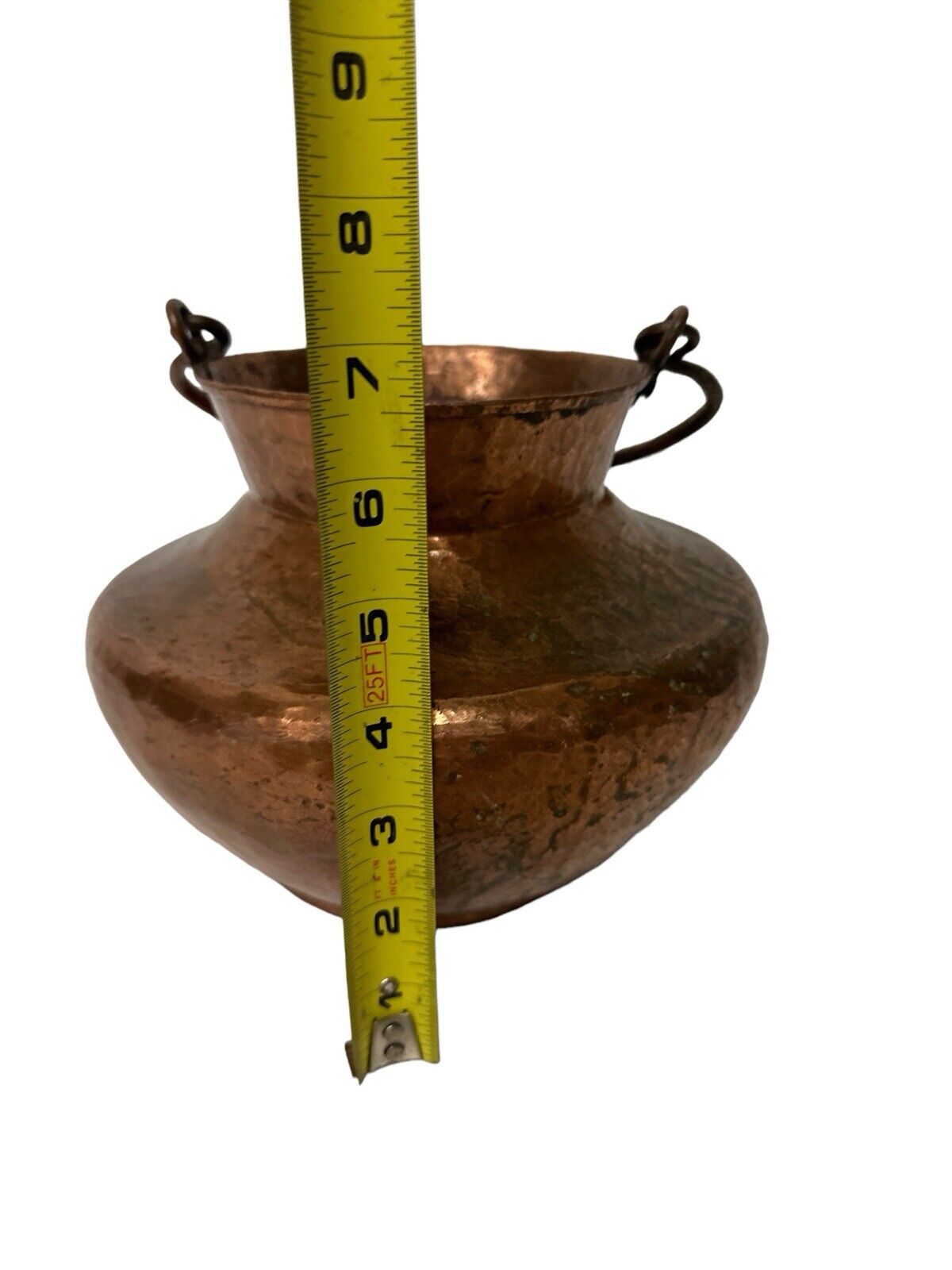 Antique Hand Hammered Thick Copper Pot Vessel 7” X 8” Perfect Patina Decor