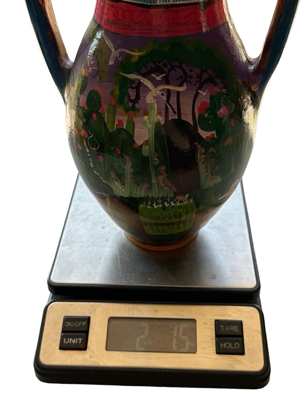 Vintage Beautiful Hand Painted Mexican Double Handled Vase Vessel Folk Art